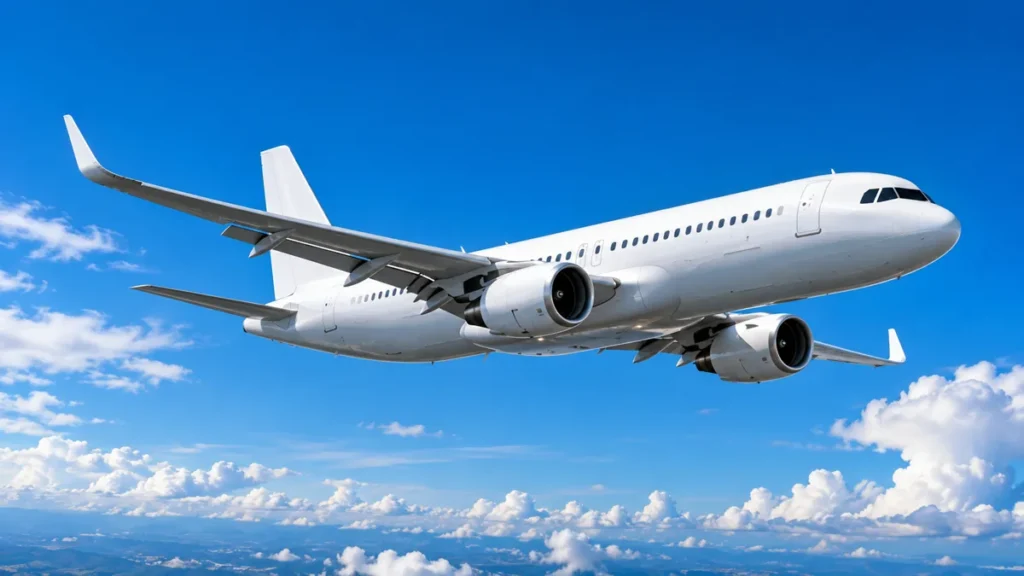 Avião comercial branco voando com as asas abertas contra um céu azul com poucas nuvens