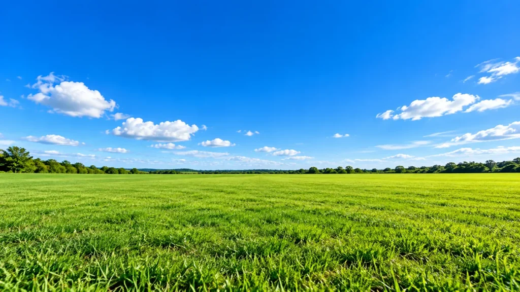 Céu azul intenso sobre um campo aberto, com algumas nuvens brancas perto do horizonte
