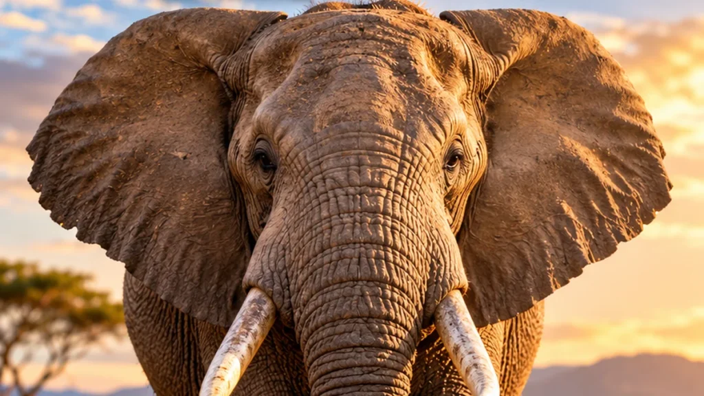 Elefante africano de frente na savana ao pôr do sol, com a tromba e as presas em destaque