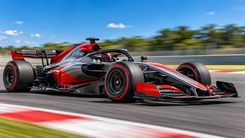 Carro de corrida de fórmula vermelho e preto em alta velocidade numa pista, com o fundo desfocado