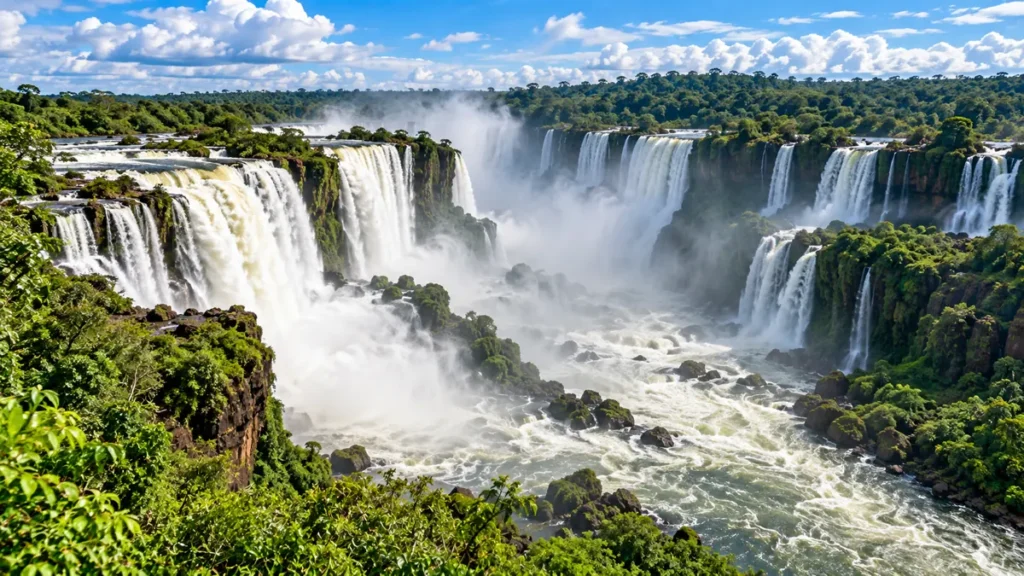 Vista das Cataratas do Iguaçu com várias quedas d'água em meio à mata e uma nuvem de névoa subindo