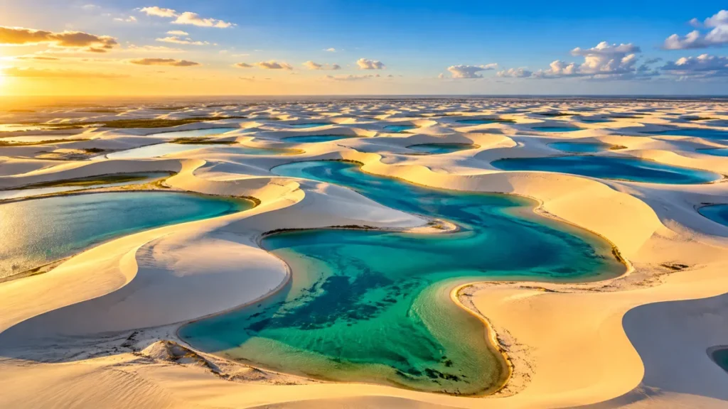 Dunas de areia branca dos Lençóis Maranhenses com lagoas de água azul e verde entre elas, sob céu azul