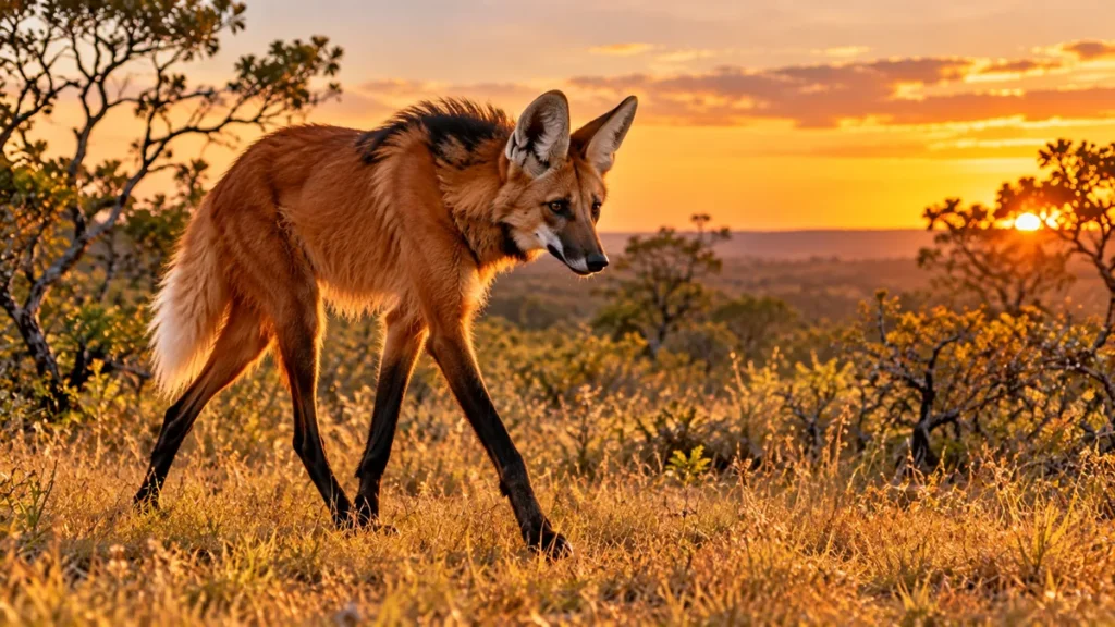Lobo-guará de pelagem ruiva e pernas longas caminhando no capim do Cerrado ao entardecer