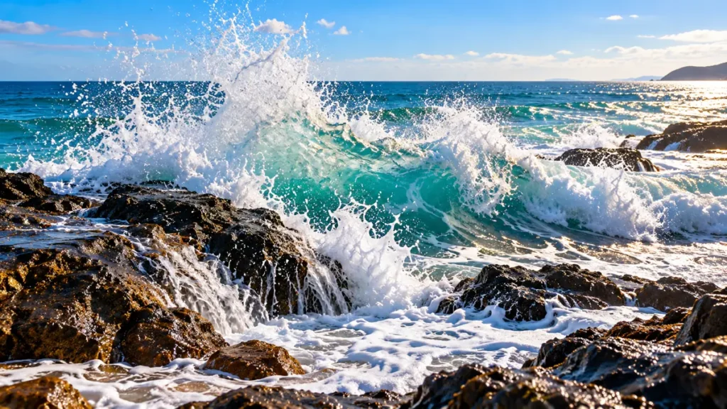Onda do mar quebrando sobre rochas escuras em uma praia, com espuma branca e céu claro ao fundo