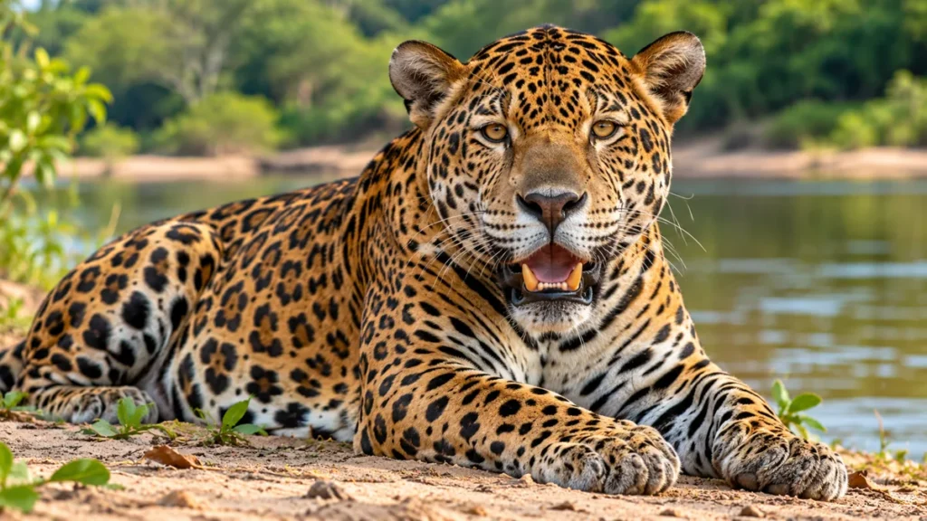 Onça-pintada deitada na margem de um rio do Pantanal, com a boca entreaberta mostrando os dentes caninos