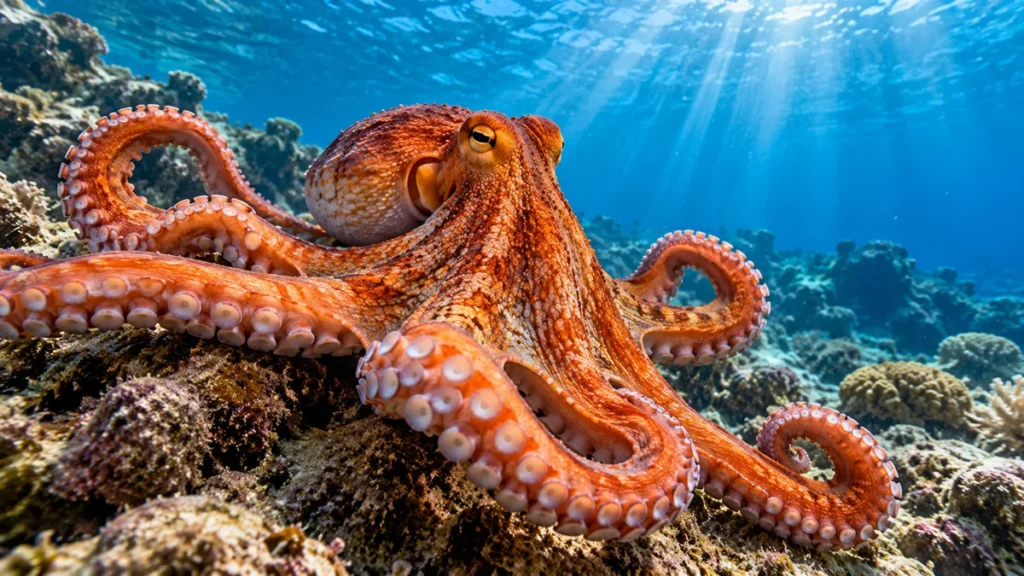 Polvo alaranjado com os oito braços abertos sobre rochas no fundo do mar, iluminado por raios de sol