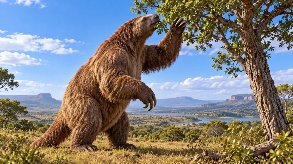 Ilustração de uma preguiça-gigante de pelagem marrom alcançando as folhas de uma árvore, em paisagem aberta