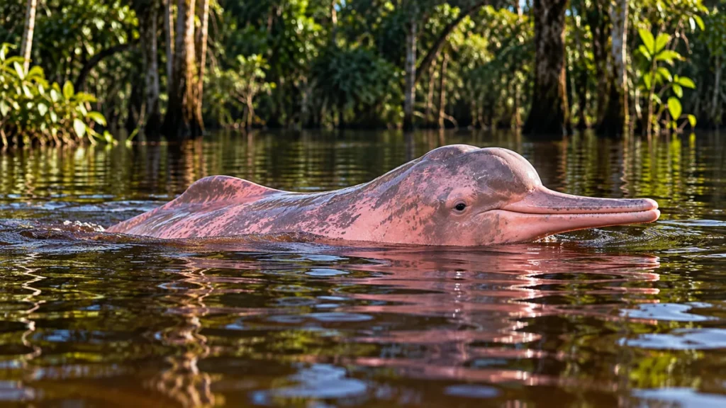 Boto-cor-de-rosa nadando na superfície de um rio da Amazônia, com o corpo rosado e o focinho comprido