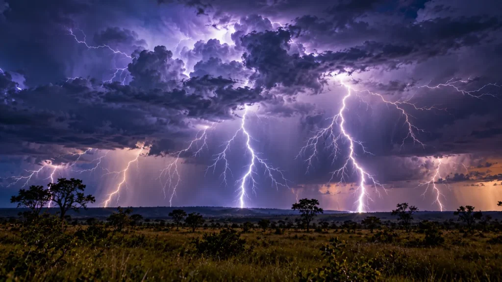 Vários raios caindo de nuvens de tempestade escuras sobre uma planície verde ao entardecer