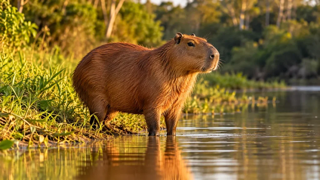 Capivara adulta em pé na beira de um rio, com as patas na água rasa e capim verde ao redor, na luz do fim da tarde