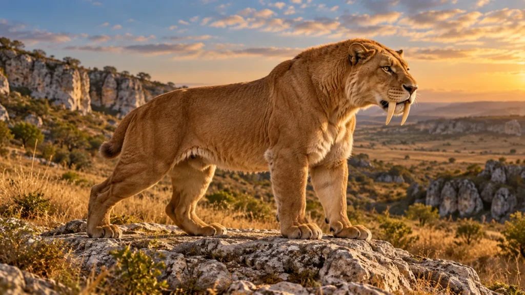 Smilodon de pelagem lisa castanho-amarelada, com os longos caninos à mostra, sobre uma rocha de calcário ao entardecer