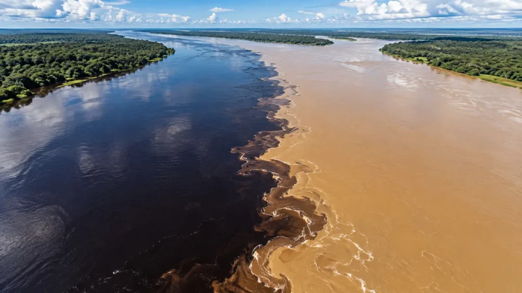 Vista aérea do Encontro das Águas, com a água escura do rio Negro ao lado da água barrenta do rio Solimões, separadas por uma linha nítida