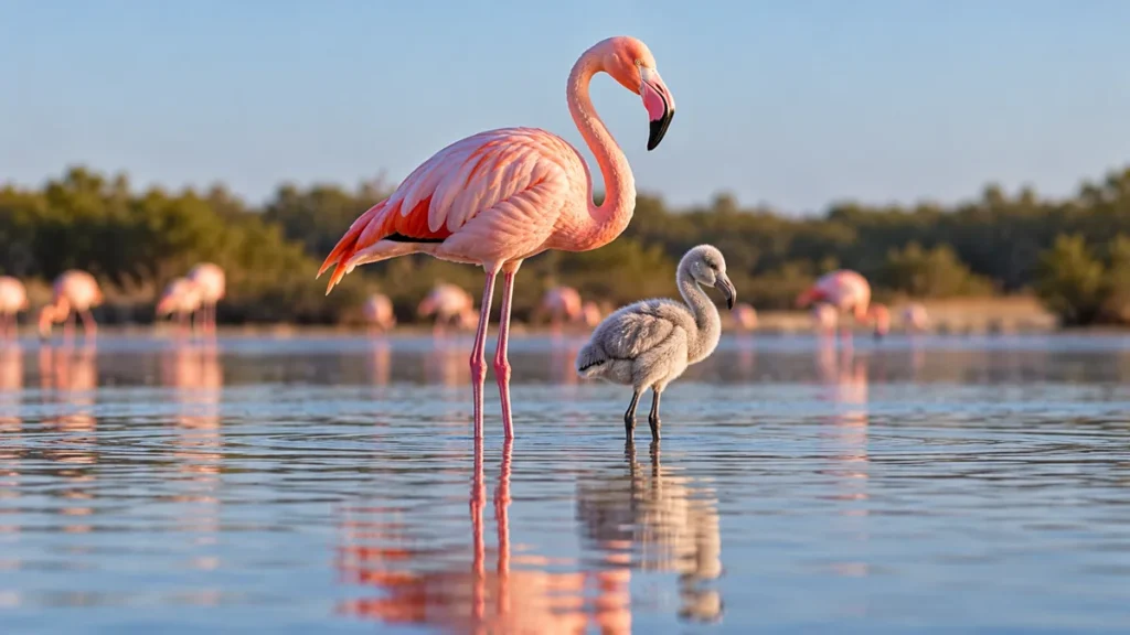 Flamingo cor-de-rosa adulto e filhote de penugem cinza em pé em uma lagoa rasa, com o reflexo na água