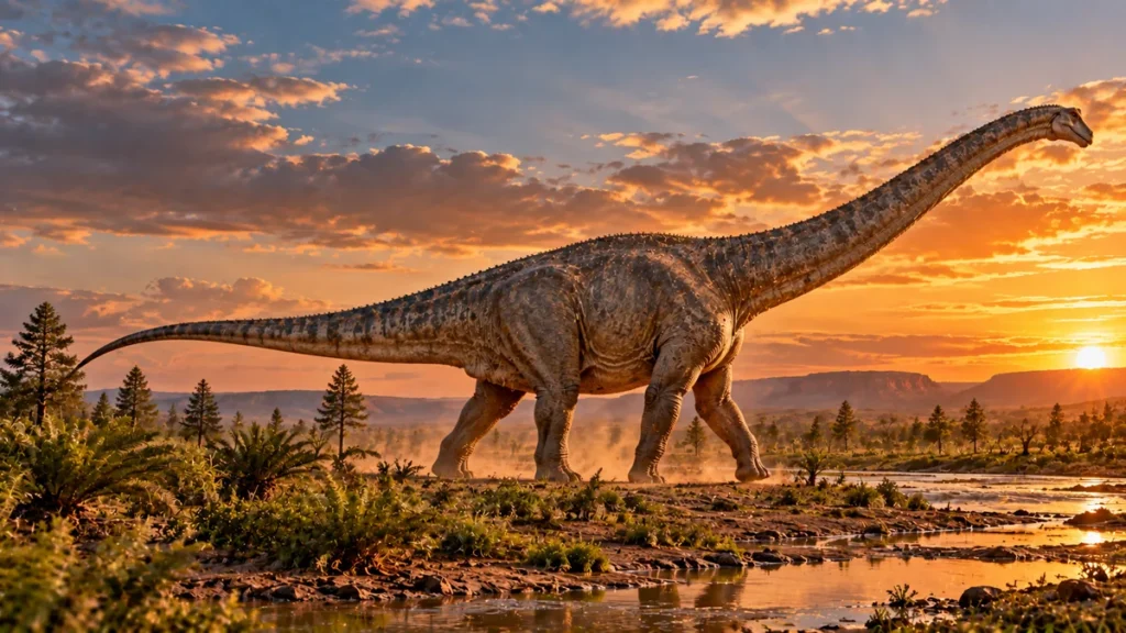 Ilustração realista de um titanossauro de pescoço longo caminhando em uma planície seca com árvores baixas