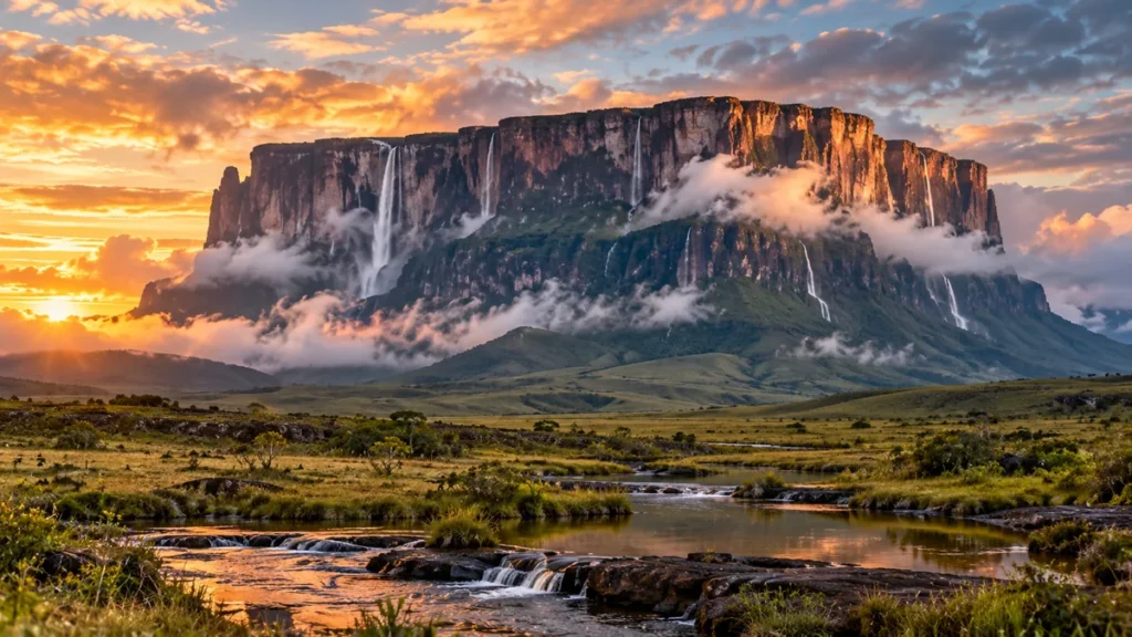 Monte Roraima visto de longe, com o topo plano e os paredões verticais de rocha acima das nuvens