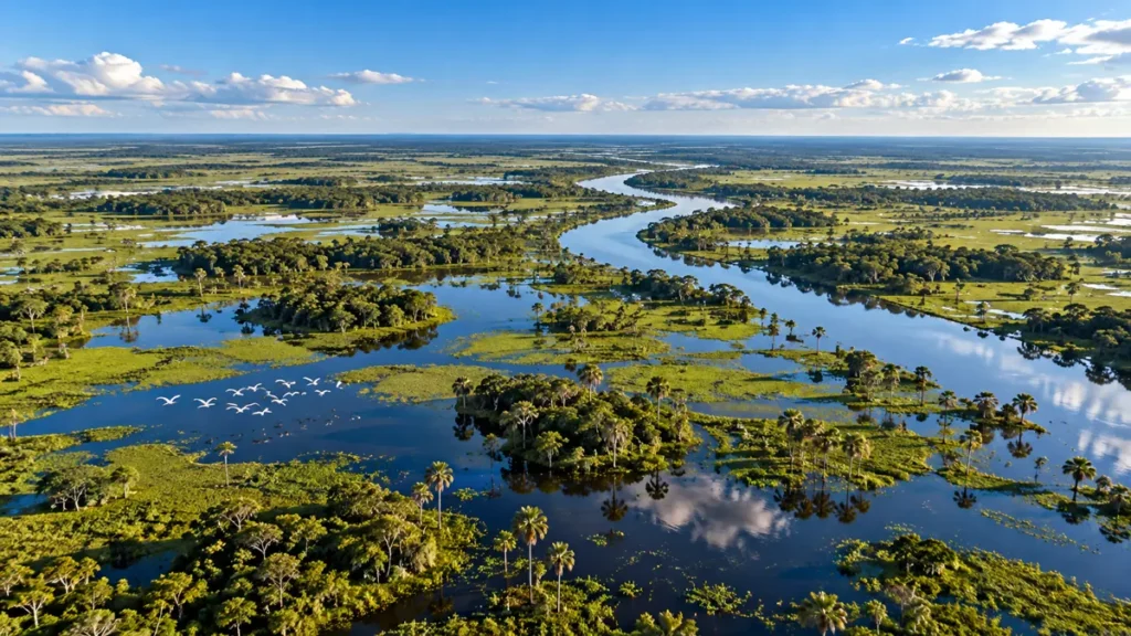 Vista aérea do Pantanal na cheia: planície plana com rio sinuoso, lagoas, campos alagados e ilhas de mata com palmeiras