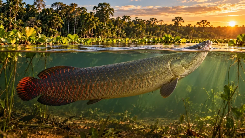 Pirarucu nadando logo abaixo da superfície de um lago escuro da Amazônia, com escamas avermelhadas na cauda