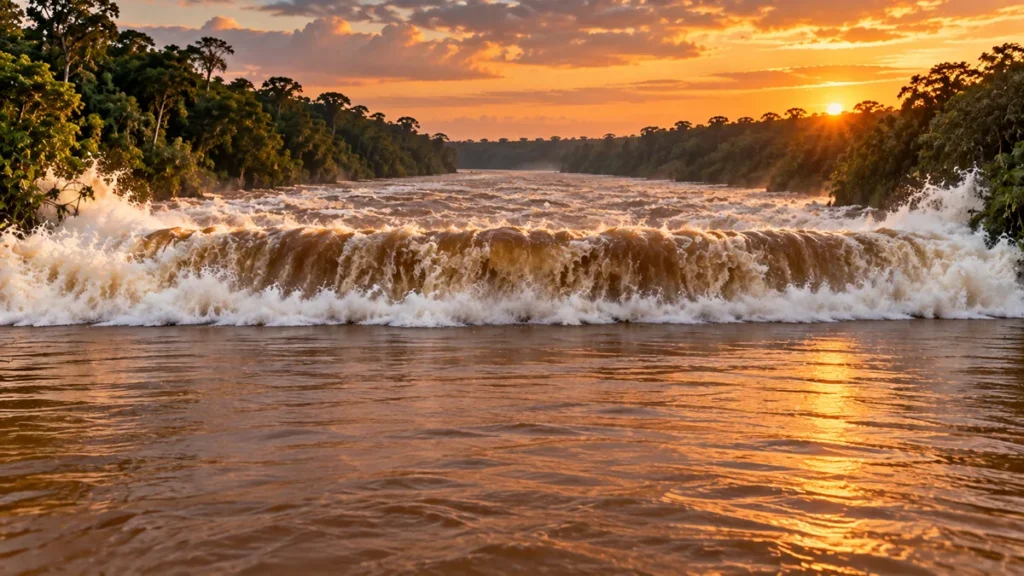 Onda marrom da pororoca avançando rio acima entre margens de floresta amazônica, com um surfista na crista