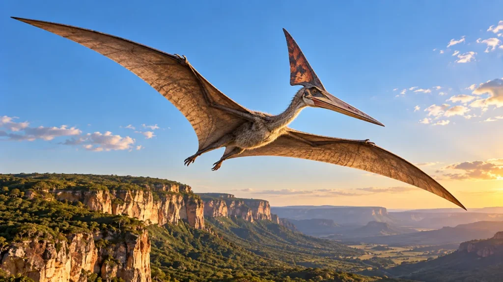 Ilustração sobre os pterossauros da Chapada do Araripe: réptil voador com grande crista na cabeça sobre a escarpa da chapada, no fim de tarde, com céu azul