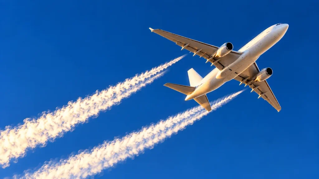 Avião a jato voando alto em céu azul e deixando duas longas trilhas brancas de condensação atrás dos motores